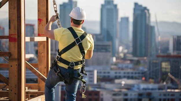 Photo construction worker wearing safety harness and safety line working on construction