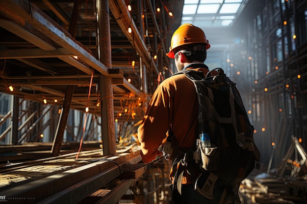 Construction worker wearing safety harness and safety line working on scaffolding at new house under construction Generated with AI