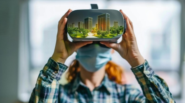 A construction worker wearing a virtual reality headset fully immersed in a digital simulation of a