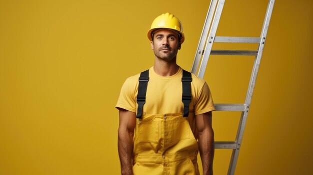 Строитель в желтой каске и рабочих перчатках стоит на лестнице