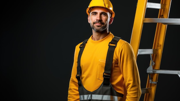 A construction worker wearing a yellow hard hat and work gloves standing on a ladder