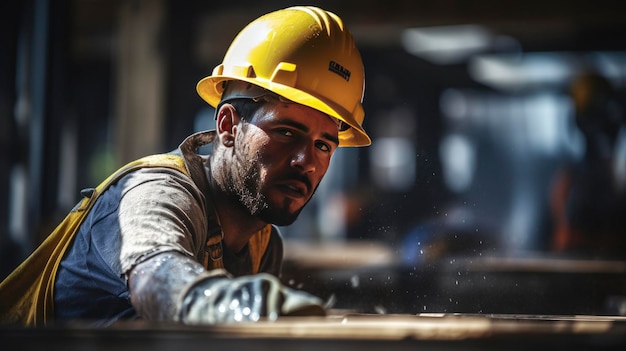 a construction worker wearing a yellow safety helmet diligently work