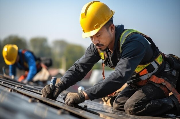 A construction worker wears a seat belt while working on the roof structure of a building at a construction site Install concrete roof tiles on the roof above