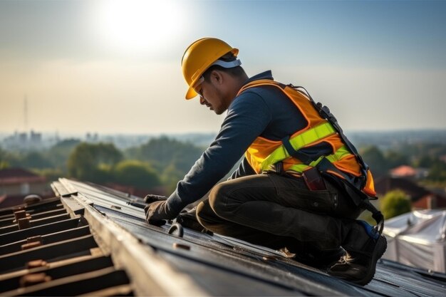 A construction worker wears a seat belt while working on the roof structure of a building at a construction site Install concrete roof tiles on the roof above