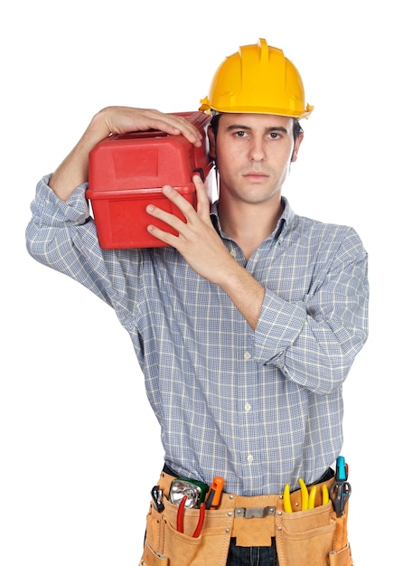 Construction worker over white background