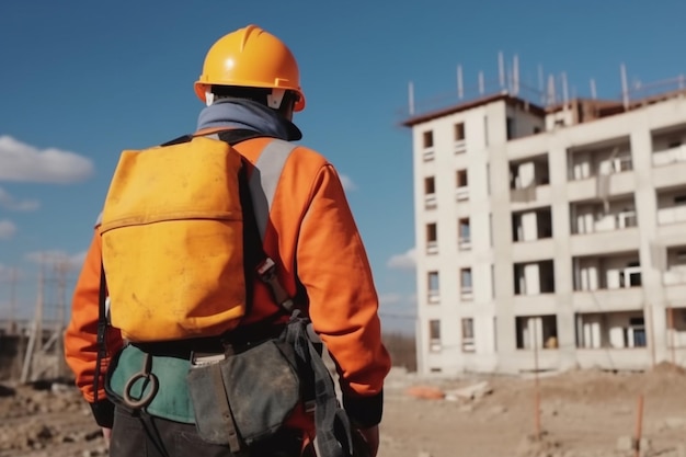 Construction worker with a backpack on his back looking at a building under construction