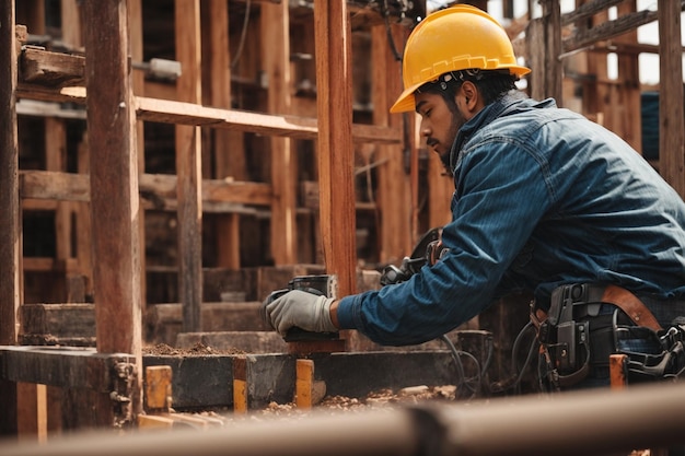 Construction worker with hard hat at construction site wearing protective workwear