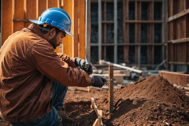 Construction worker with hard hat at construction site wearing protective workwear