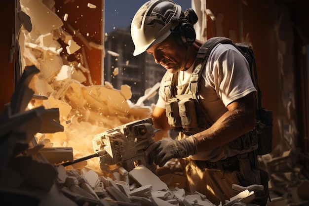 Construction Worker with Jackhammer: A construction worker operates a jackhammer to break apart concrete,Generated with AI