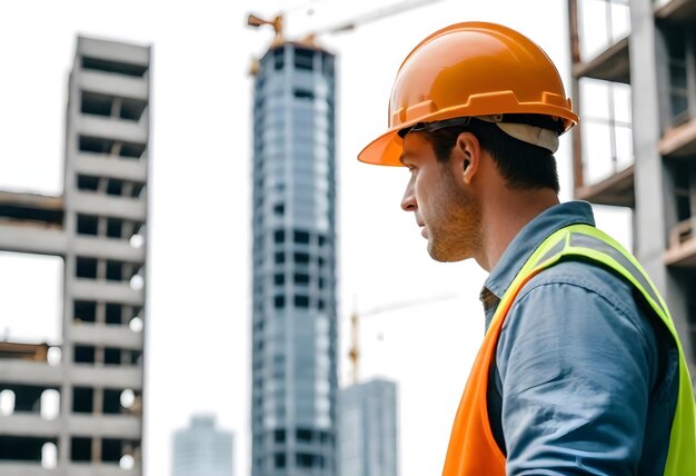 Photo a construction worker with safety helmet looking at the construction site