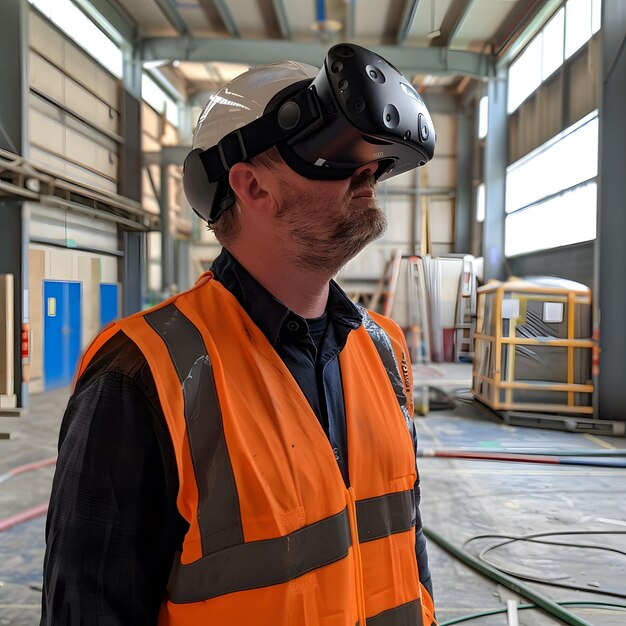 VRヘッドセットを装着した建設作業員