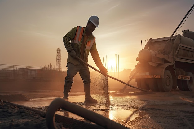 Operaio edile che lavora in un cantiere edile al tramonto ai generativo