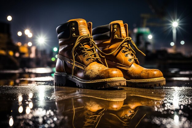 Construction worker39s boots on a wet ground with construction site in the background illuminated at night