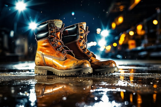 Construction worker39s boots on a wet ground with construction site in the background illuminated at night