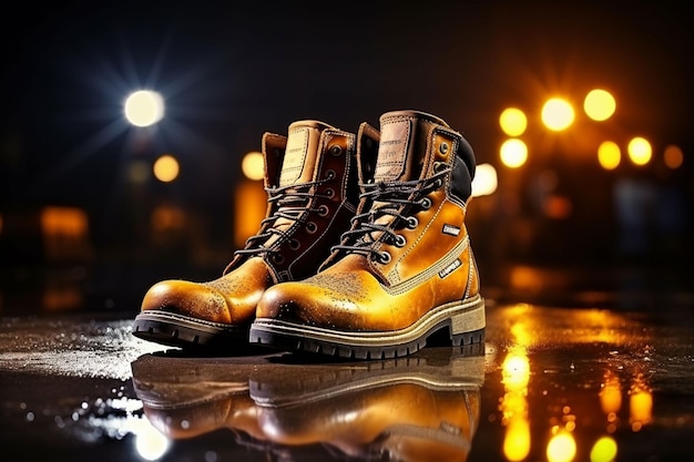 Construction worker39s boots on a wet ground with construction site in the background illuminated at night