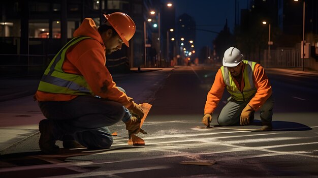 Photo construction workers applying reflective road paint for better night visibility