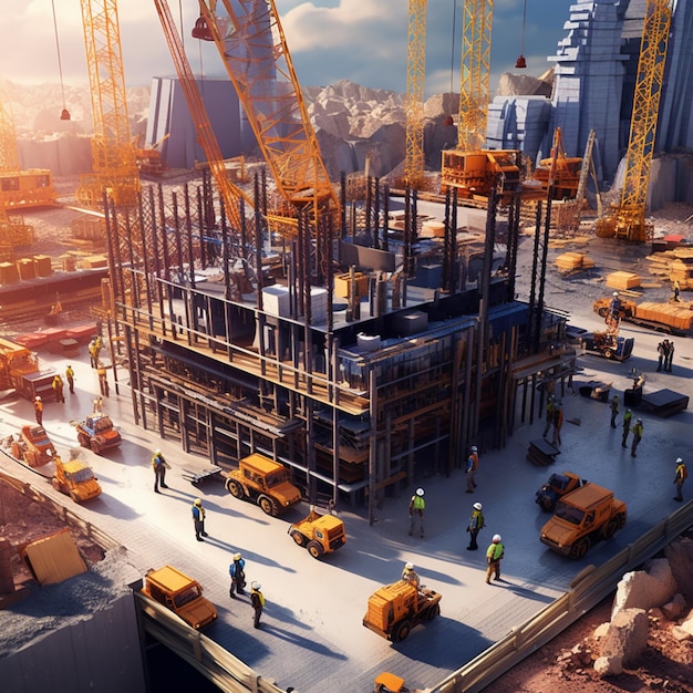 Construction workers are standing on a construction site with a crane generative ai