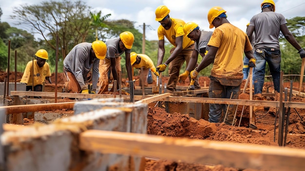 Construction workers are working on the foundation of a building