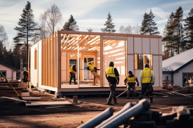 Construction workers assembling a prefabricated house AI generated