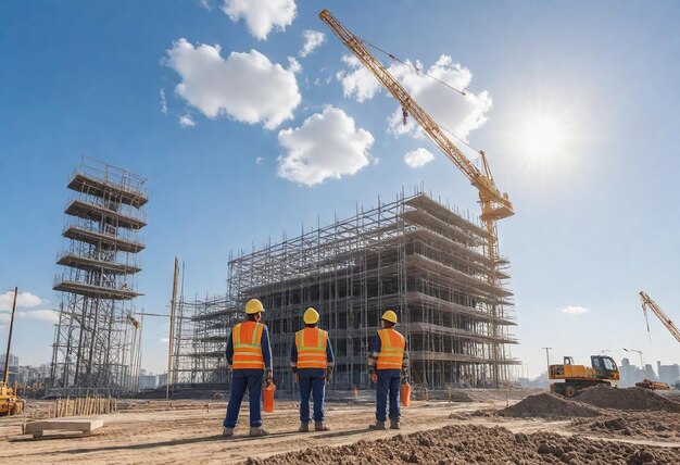 construction workers on a construction site with a crane in the background