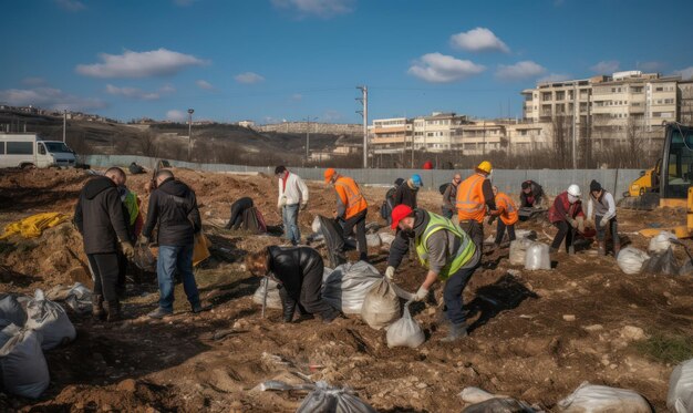 Construction workers digging in a field with a building in the background