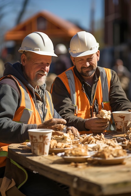 Construction workers eating lunch on a construction site during their lunch break Eat fast food