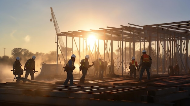 Construction Workers Erecting Steel Beams on a Job Site