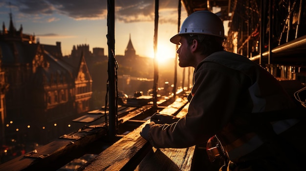 construction workers in the evening on the background of a sunset