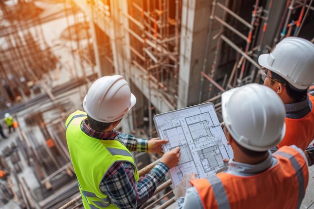 Photo construction workers examining blueprint and planning project