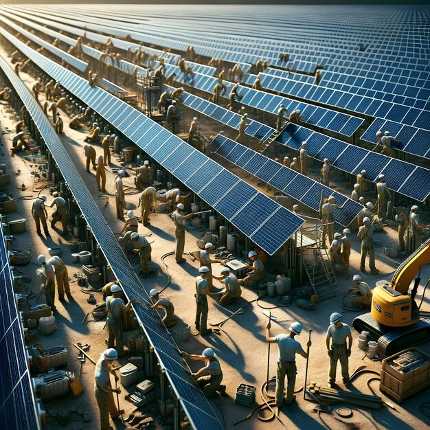 Construction Workers Installing a LargeScale Solar Farm