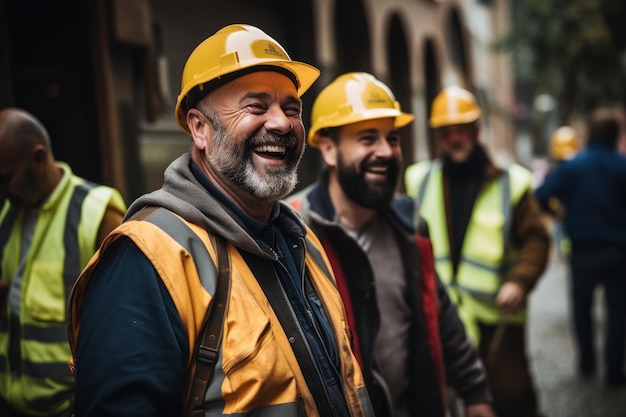 construction workers laughing while passing their tool