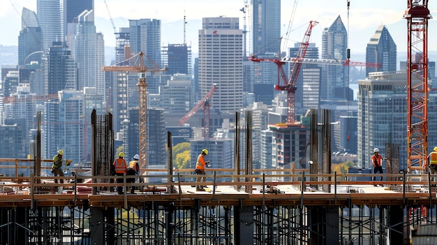 사진 도시 를 내려다 볼 수 있는 고층 건물 에 있는 건설 노동자 들