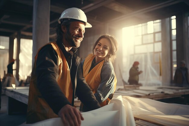 건설 노동자 들 은 건설 현장 에서 한 남자 와 한 여자 를 함께 미소 짓고 있다