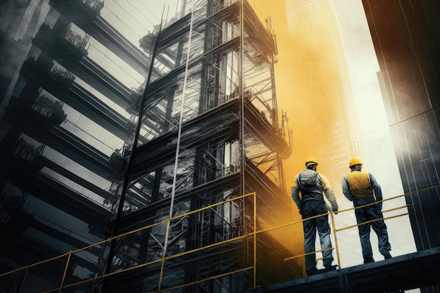 Construction workers on platform for repair and maintenance of skyscraper scaffolding near building