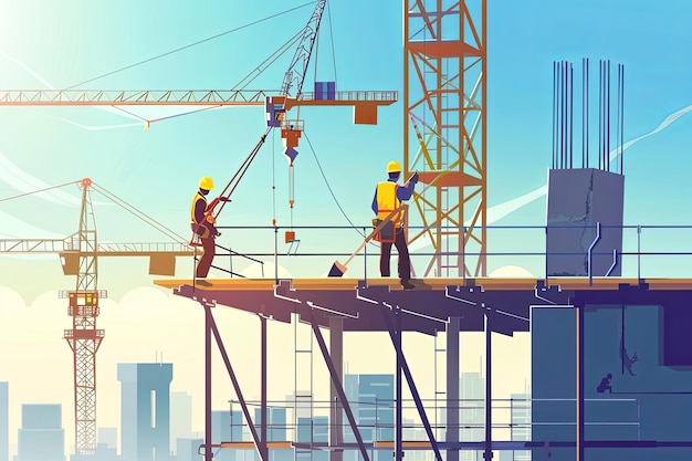 다리 또는 플랫폼에서 상당한 높이에있는 건설 노동자 - 고층 건설에 초점을 맞춘 회사에 이상적입니다 - 작업 환경과 전문 지식의 본질을 포착합니다.