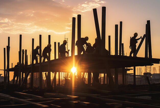 写真 建設 作業 者 たち の シルエット が 夕暮れ の 空 に 照らさ れ て いる