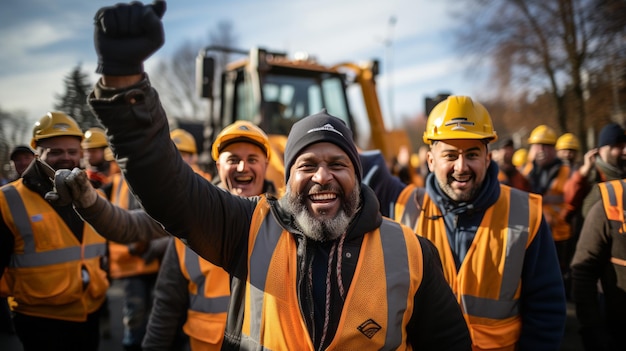 Construction workers smiling in yellow vests and vests raise their hands in the air success concept