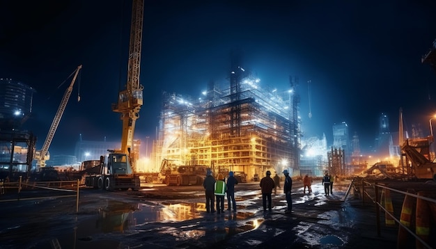 construction workers standing in front of a large building at night generative ai