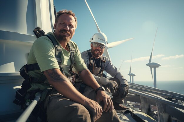 Photo construction workers standing in front of wind turbines