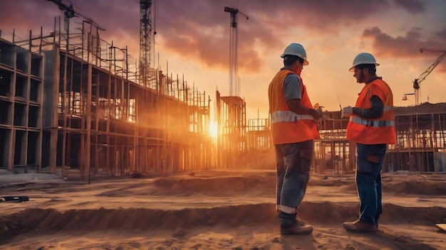 Construction workers at sunset