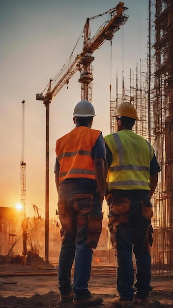 Construction workers at sunset