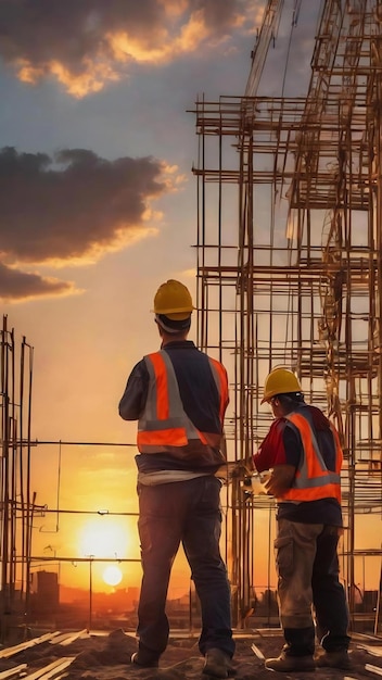 Construction workers at sunset