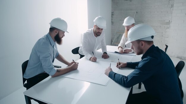 Construction workers at the table studying building blueprints