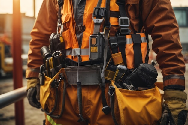 Foto gli operai edili usano apparecchiature anticaduta con gancio per la cintura di sicurezza dell'edificio