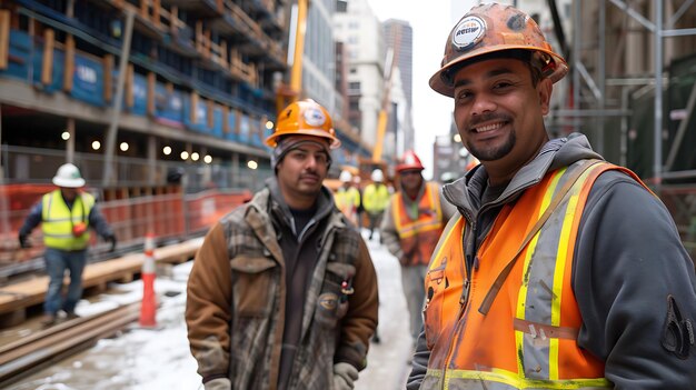 Photo construction workers wearing hard hats and reflective vests at a construction site