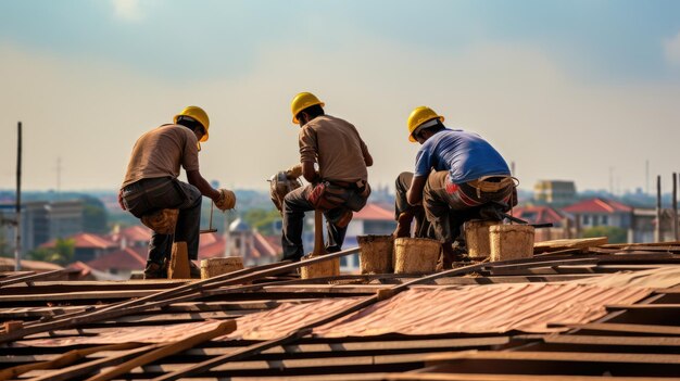 屋根の上で作業する建設労働者