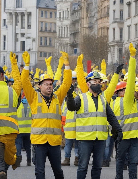 Строители в желтых жилетах мужчина в униформе держит флаг от Ai 01