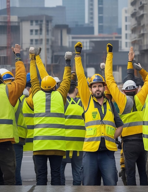 Строители в желтых жилетах мужчина в униформе держит флаг от Ai 02