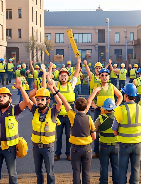 Construction workers in yellow vests and vests raise their hands in the air