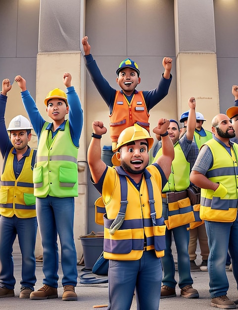 Construction workers in yellow vests and vests raise their hands in the air